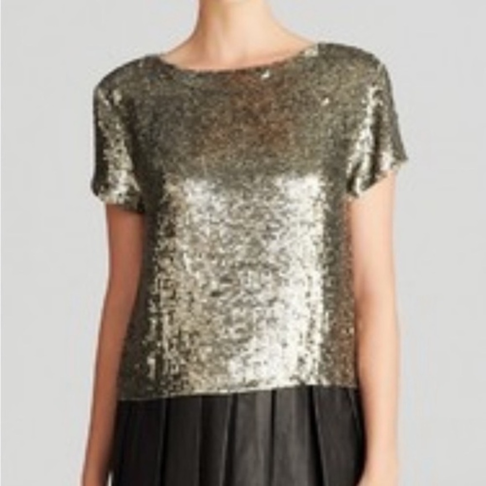 NWT Alice + Olivia Sarita Sequin Short Sleeve Top In Antique Silver Size Small